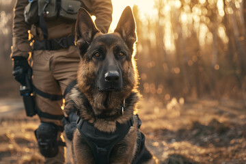 German Shepherd standing beside its handler in tactical gear - Powered by Adobe