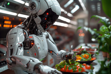 Fototapeta premium A futuristic robot chef preparing a gourmet meal in a high-tech kitchen.
