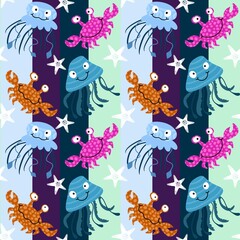 Summer animals print seamless cartoon crabs and jellyfish pattern for wrapping