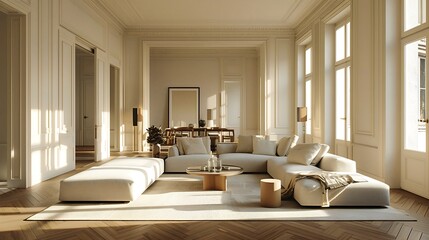 Modern living room with white sofa and wooden floor