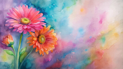 Vibrant watercolor background of gerbera daisies