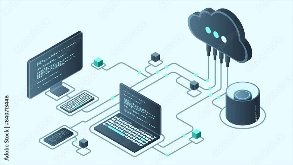 Fototapete Cloud technology computing animation. Modern cloud technology. Data center isometric concept. Isometric cloud technology with datacenter. Web hosting concept. 4K video animated in isometric style