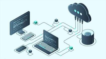 Cloud technology computing animation. Modern cloud technology. Data center isometric concept. Isometric cloud technology with datacenter. Web hosting concept. 4K video animated in isometric style - Powered by Adobe