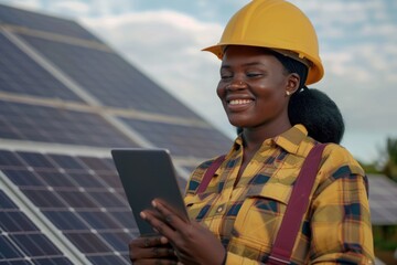 A construction worker wearing a hard hat holds a tablet on a building site