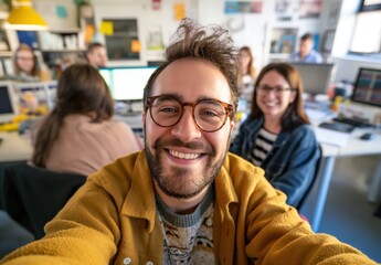 Office Worker Smiling and Taking Selfie in Cubicle with Coworkers in Background, Canon EOS R5, Shutter Speed Style