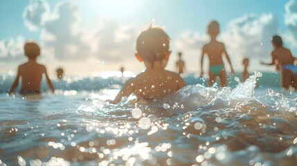 Children's Playtime: A Blur of Joy amidst Beach and Shallow Water