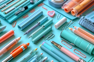 Flat lay of colorful stationery items on blue background for school and office use