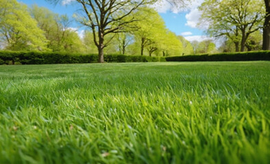 Obraz premium Stunning Summer Landscape with Freshly Cut Lawn and Morning Light Fog: Panoramic Spring View