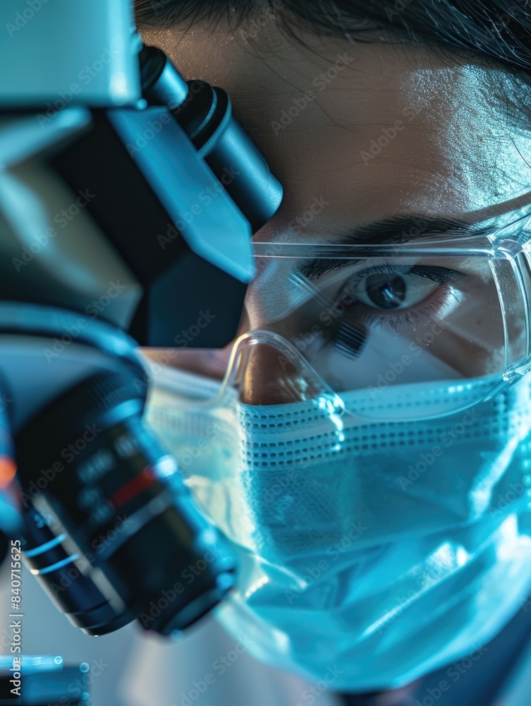 Poster a close-up view of a person observing a microscopic sample, suitable for use in science or education