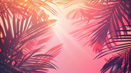 trendy summer Bali style floral patter background with copyspace , colorful leaves palm shape art wallpaper, Summer colors botanical tropical leaves ,sun light and shadows, pink, yellow leaf .