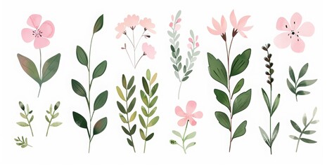 Set of hand drawn watercolor vector illustrations of leaves and flowers clip art, with a pastel color palette on a white background 