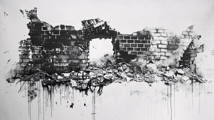 Fototapeta premium Sharp-Lined Painting of a Damaged Brick Wall Featuring a Significant Breach. Stark Depiction of a Brick Wall with a Gaping Hole Surrounded by Rubble