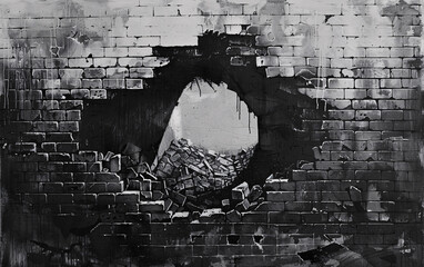 Sharp-Lined Painting of a Damaged Brick Wall Featuring a Significant Breach. Stark Depiction of a Brick Wall with a Gaping Hole Surrounded by Rubble