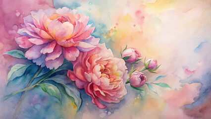 Vibrant watercolor background of peonies