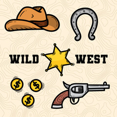 Set of colored vector wild west doodles. Very suitable for completing designs in the desert, printing needs, and so on.
