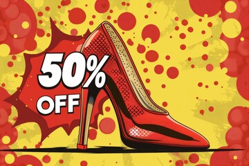 Comic book style high heel shoe with 50% off sale sign in pop art design