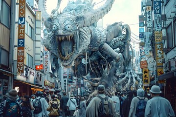 Bizarre Mythical Creatures Parading Through Futuristic Tokyo Cityscape