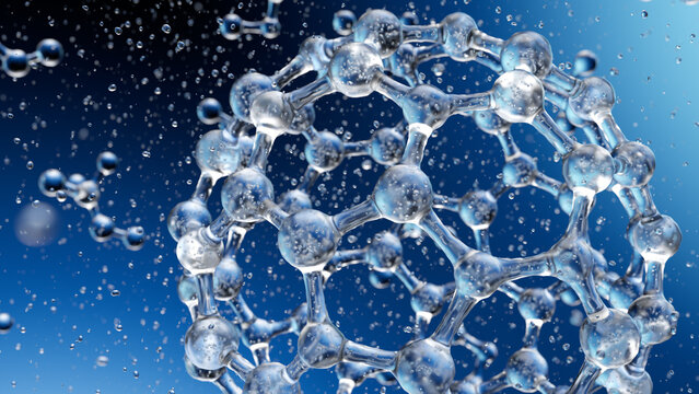 Abstract blue connected glass bubbles molecule background. 3D Rendering 