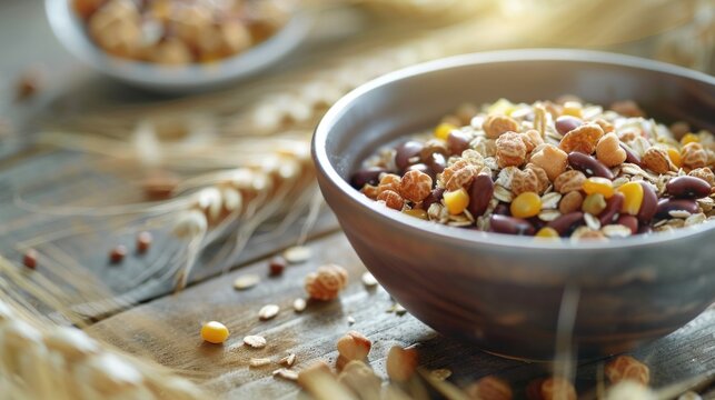 A bowl of cereal and nuts on a table, perfect for a quick morning meal