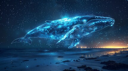High resolution images A magnificent whale made of shimmering light, floating above a calm beach at night under a starry sky and the Milky Way. No people in the image.