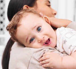 Love, hug and portrait of baby with mother in house with care, trust and comfort in nap routine. Family, safety and face of curious boy kid and mom at home for growth, learning and child bonding