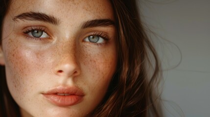 Close-up portrait of a woman with distinct freckles on her face, suitable for beauty or lifestyle editorial use