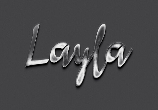 Chrome metal 3D name design of Layla on grey background.