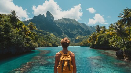 Man With Backpack Stands Admiring Tropical Lagoon Landscape