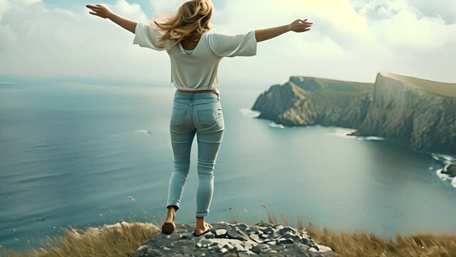 Young woman standing by the sea, arms outstretched, balancing on one leg