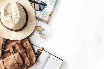 travel essentials hat and camera on white background with space for text