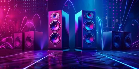 Immerse in Sound: Universal Speaker Design for Music Enthusiasts and Surround Home Theater Systems. 4K HD Wallpaper with Benchmark Elements and Copy Space.