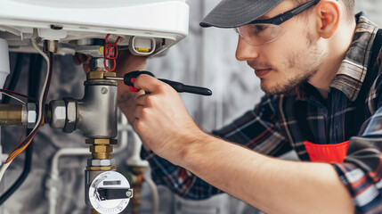 Technician repairing a boiler in a modern home