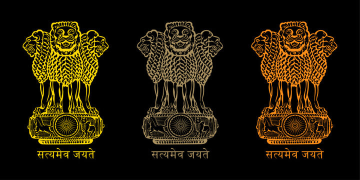 Ashok Piller Satyameva Jayate symbol icon set. Emblem of India. Ashok Stambh symbol in brown, golden and orange color isolated on black background.