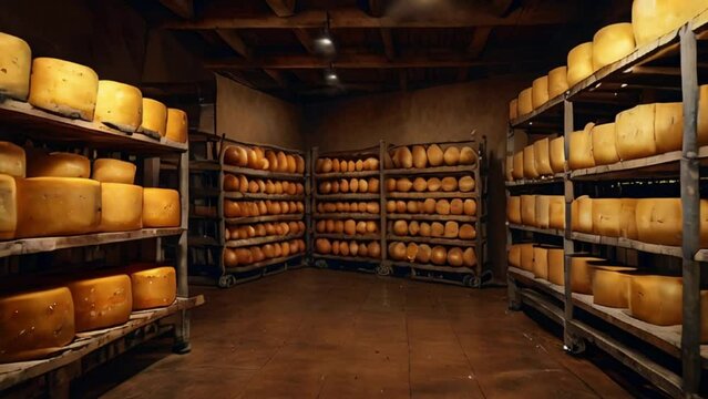 Cheese Aging Room with Wheels of Cheese on Wooden Shelves