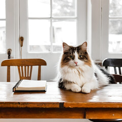 This is a photograph of a large, fluffy cat sitting on a tabletop. 