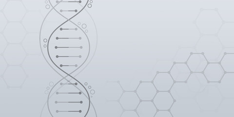 Illustration of DNA molecule on grey background with hexagonal patterns. Double helix symbolises genetic code, ideal for scientific presentations and medical publications