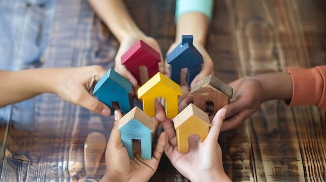 a group of hands holding a small colorful house model