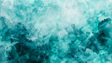 Abstract watercolor background in cool shades of teal and aqua, with splashes of white creating a seafoam texture 