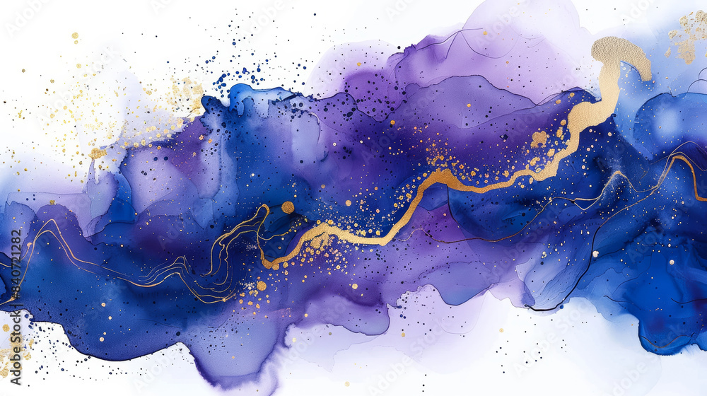 Poster Abstract watercolor background with bold strokes of deep blue and purple, with splatters of gold 