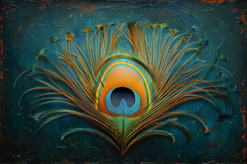 Peacock Feather on Abstract Background. A vibrant peacock feather lying on an abstract, textured background with rich colors.