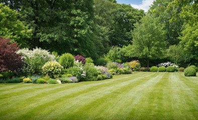 Beautiful Spring Nature Background with Trimmed Lawn, Trees, and Blue Sky on a Sunny Day