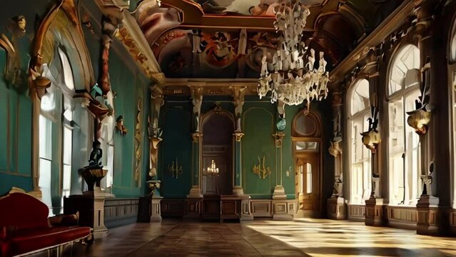Grand Ballroom with Green Walls, Gold Accents, and a Crystal Chandelier