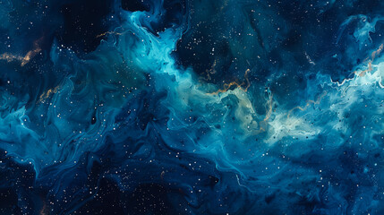 Obraz premium Abstract watercolor space with deep blue and emerald gradients, shining stars, flowing nebula shapes, isolated on a gradient background, ample text space 