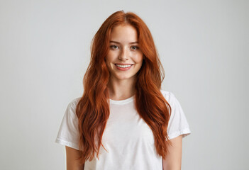 Obraz premium young adult woman, redhead, age 20, friendly sympathetic smiling, wearing white t-shirt, standing in front of light grey background, youthful beauty and contentment and happiness
