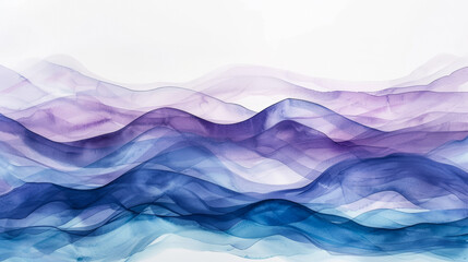 Abstract watercolor wave pattern in shades of blue and purple on a white background, wide angle view 