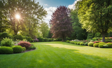Beautiful Spring Nature Background with Trimmed Lawn, Trees, and Blue Sky on a Sunny Day
