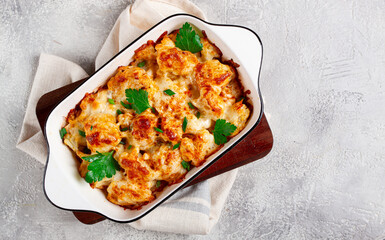 baked cauliflower, in cream sauce, with cheese and spices, homemade, no people,