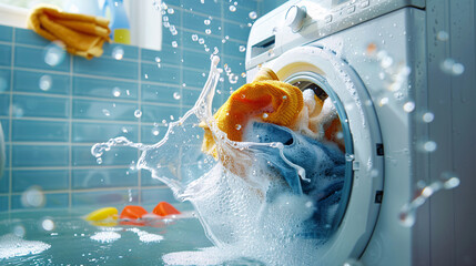 Water overflowing from a washing machine with clothes during a spin cycle