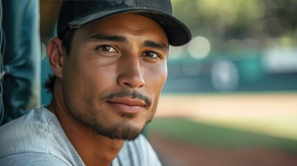 Close-up portrait of a confident young male athlete wearing a baseball cap, intense gaze, blurred stadium background
