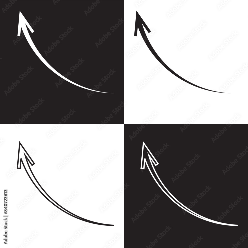Poster arrow curved vector icon . up pointing sign . left . isolated black and white background . outline a